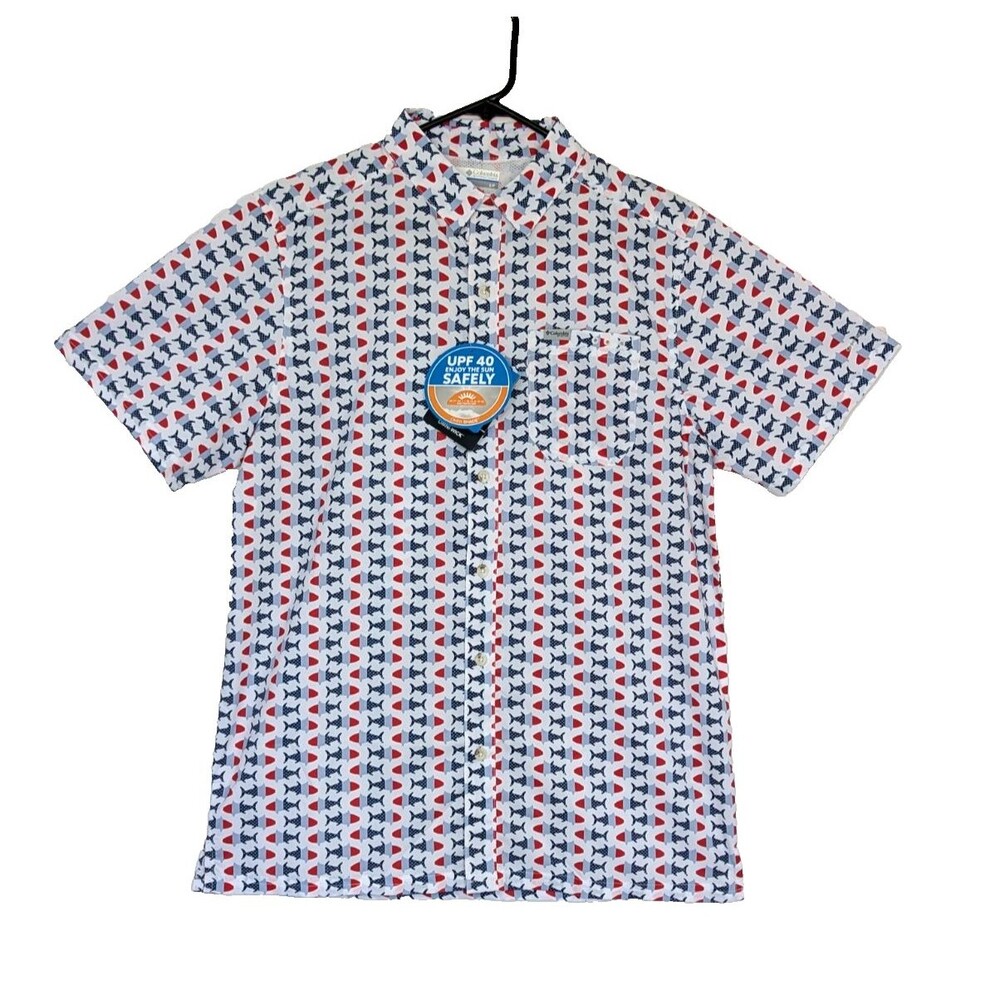 Columbia PFG Mens Small Super Slack Tide USA Fish Vented Button Front Shirt NWT